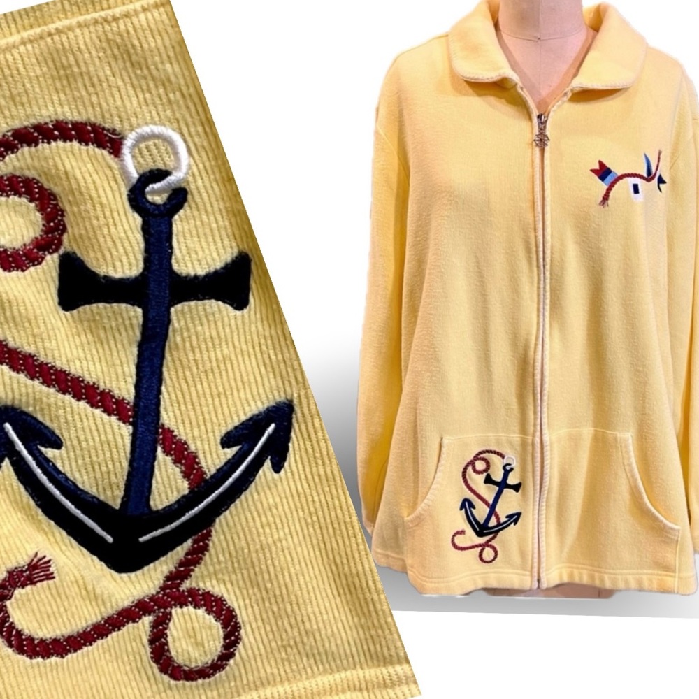 Vintage sunny yellow nautical boat knit sweater cardigan anchor yacht ship wheel